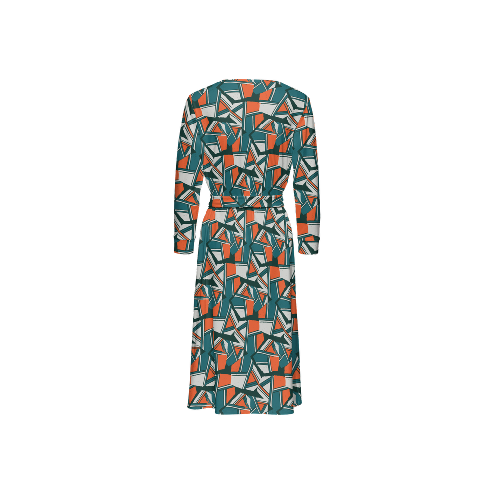 Women's ¾ Sleeve Wrap Dress-Orange and Green Boulders Print
