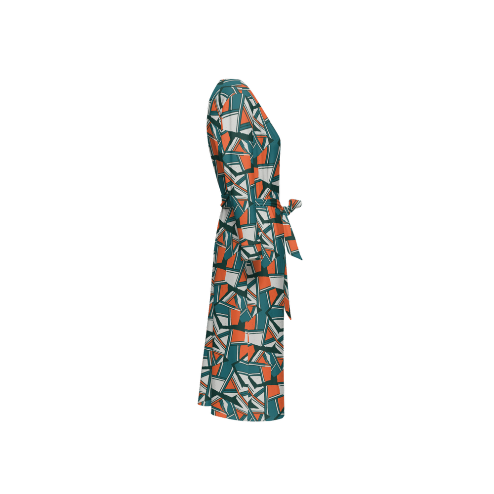 Women's ¾ Sleeve Wrap Dress-Orange and Green Boulders Print