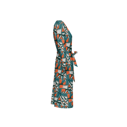 Women's ¾ Sleeve Wrap Dress-Orange and Green Boulders Print