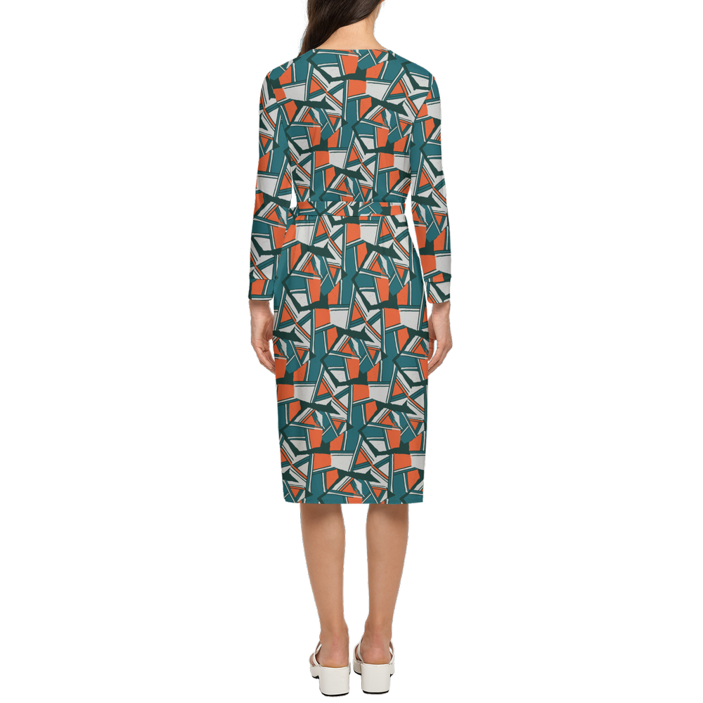 Women's ¾ Sleeve Wrap Dress-Orange and Green Boulders Print