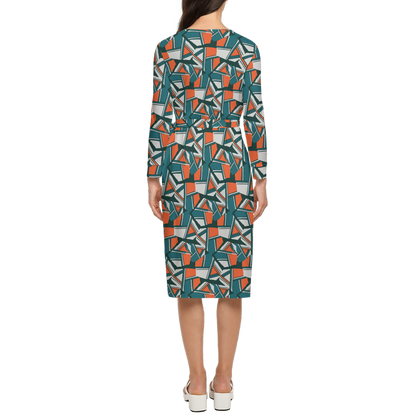 Women's ¾ Sleeve Wrap Dress-Orange and Green Boulders Print