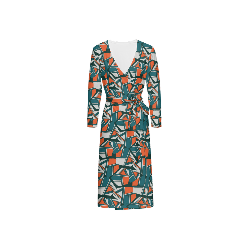 Women's ¾ Sleeve Wrap Dress-Orange and Green Boulders Print