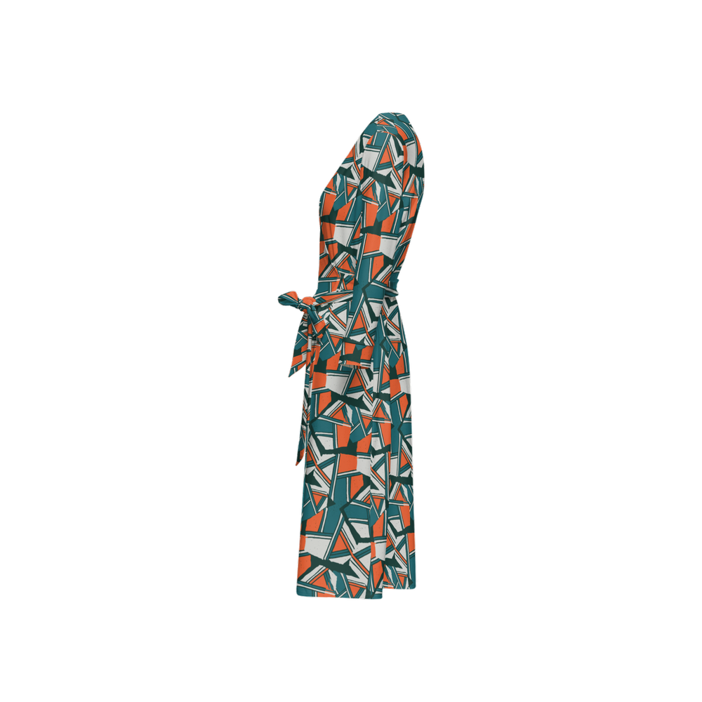 Women's ¾ Sleeve Wrap Dress-Orange and Green Boulders Print