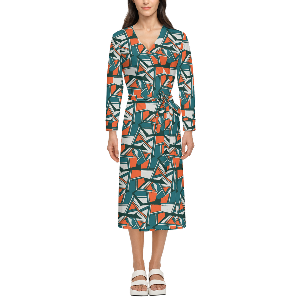 Women's ¾ Sleeve Wrap Dress-Orange and Green Boulders Print