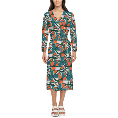Women's ¾ Sleeve Wrap Dress-Orange and Green Boulders Print